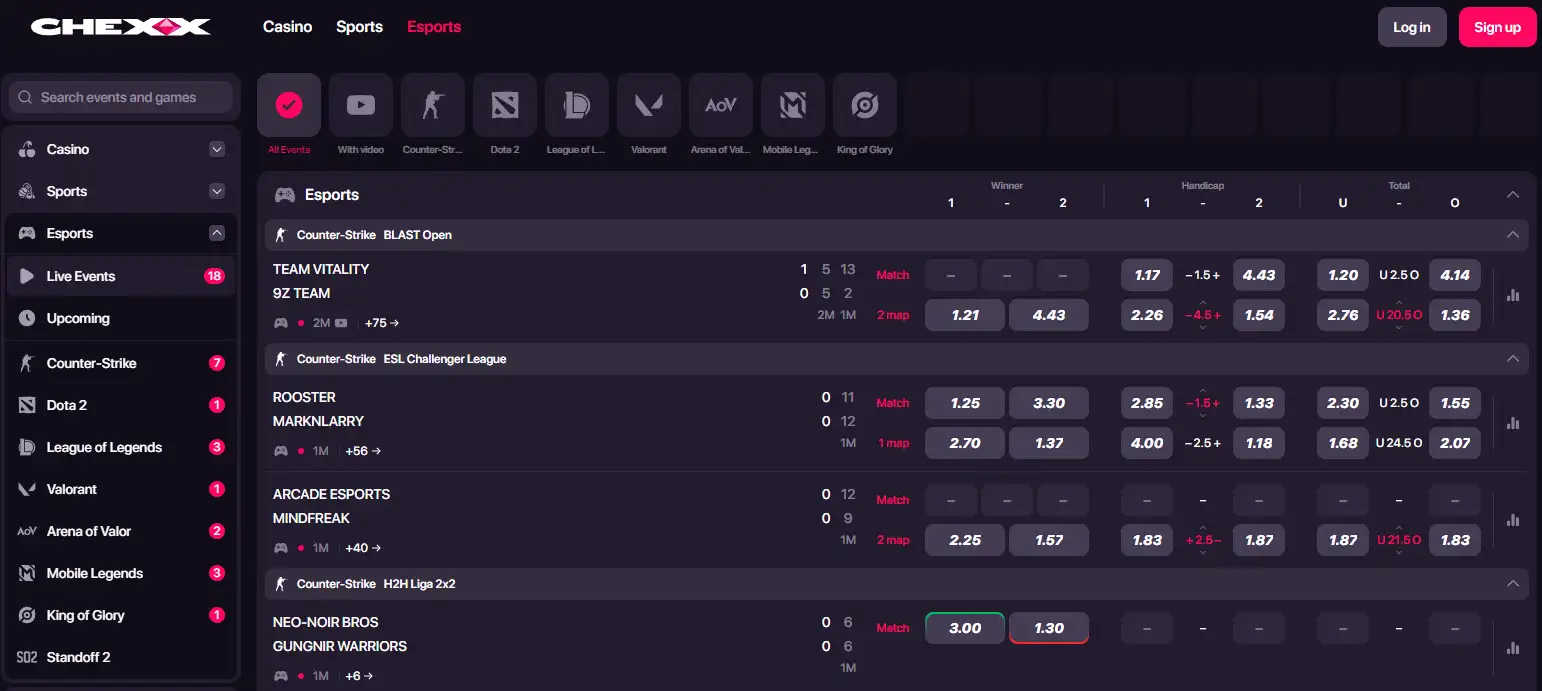 CHEXX sportsbook og e-sport i den offisielle navigasjonen
