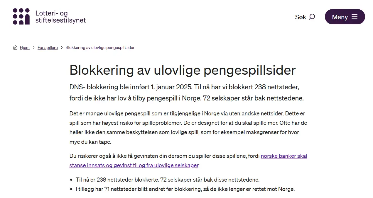 Skjermbilde av Lotteritilsynets side om DNS-blokkering av pengespillsider uten norsk tillatelse