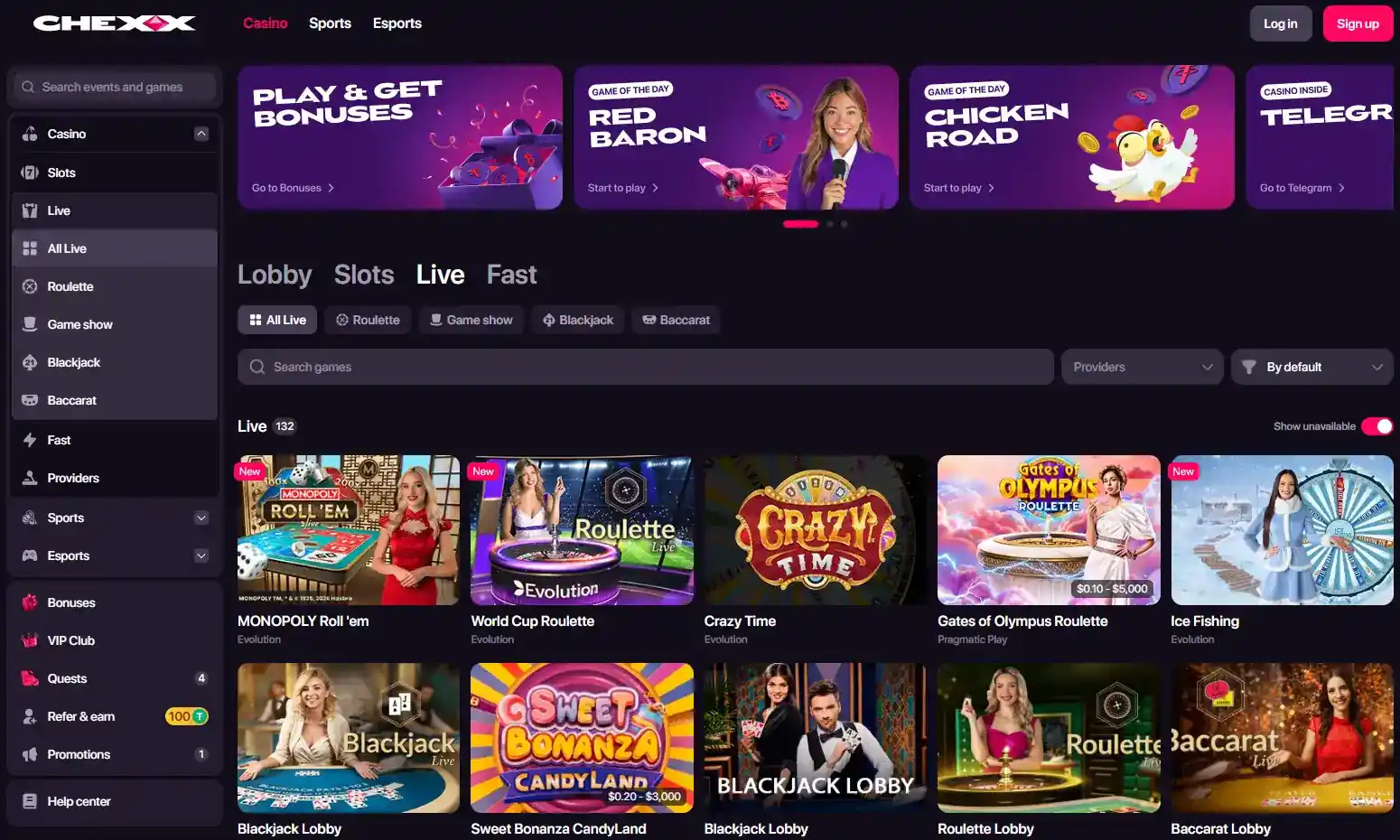 CHEXX live-casino-lobby med synlige live dealer-spill