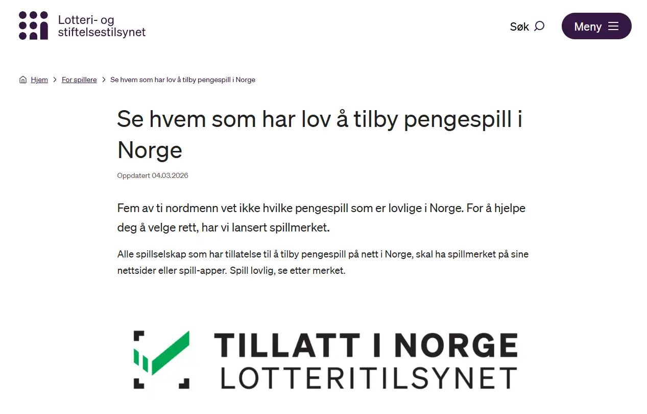 Skjermbilde av Lotteritilsynets informasjon om lovlige spillselskaper i Norge